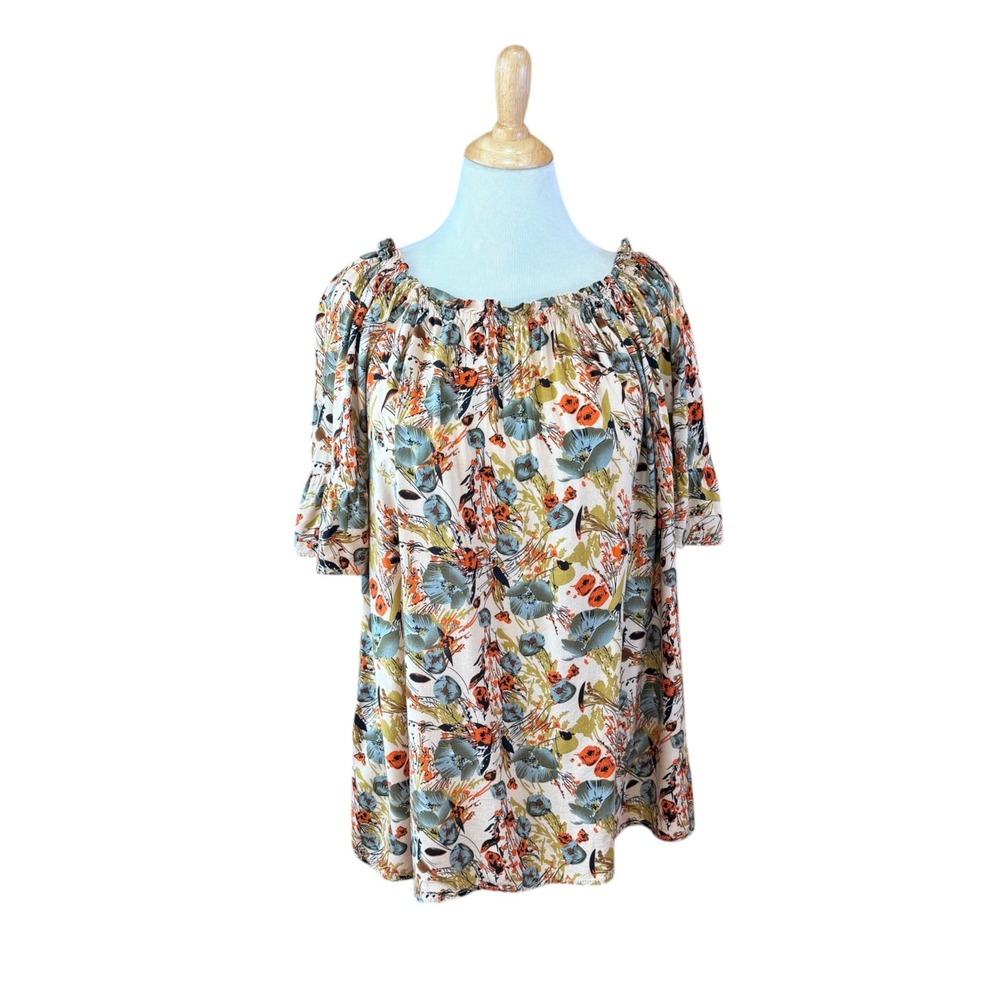 Clay Women L Fall Floral Off Y2K Shoulder Boho Blouse Tiered Ruffle Sleeve